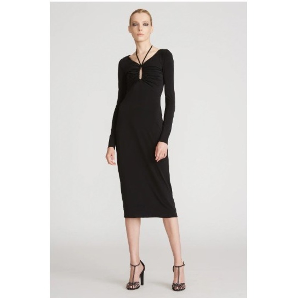 Halston Ember Stretch Jersey Dress Ruched Midi Long-Sleeve Black Size 2 NEW